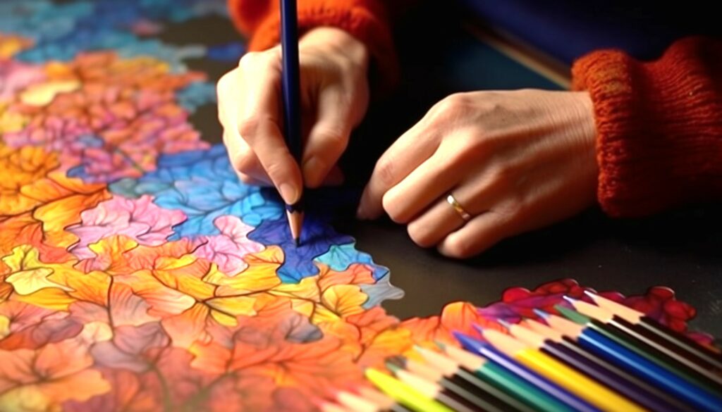 A person is drawing with colored pencils on paper.