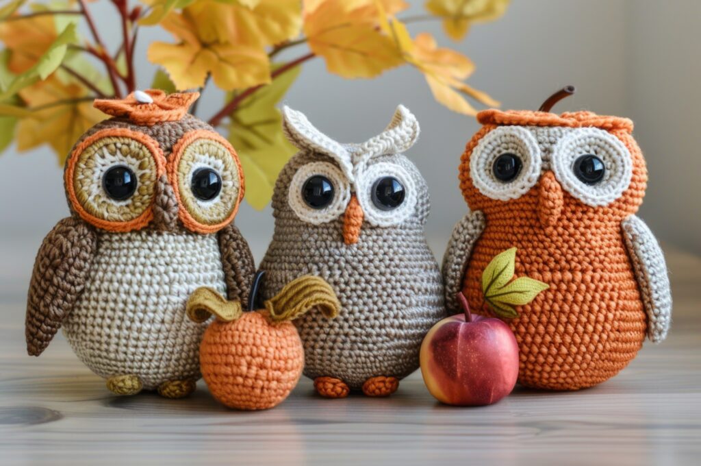 Three crocheted owls are sitting next to an apple.