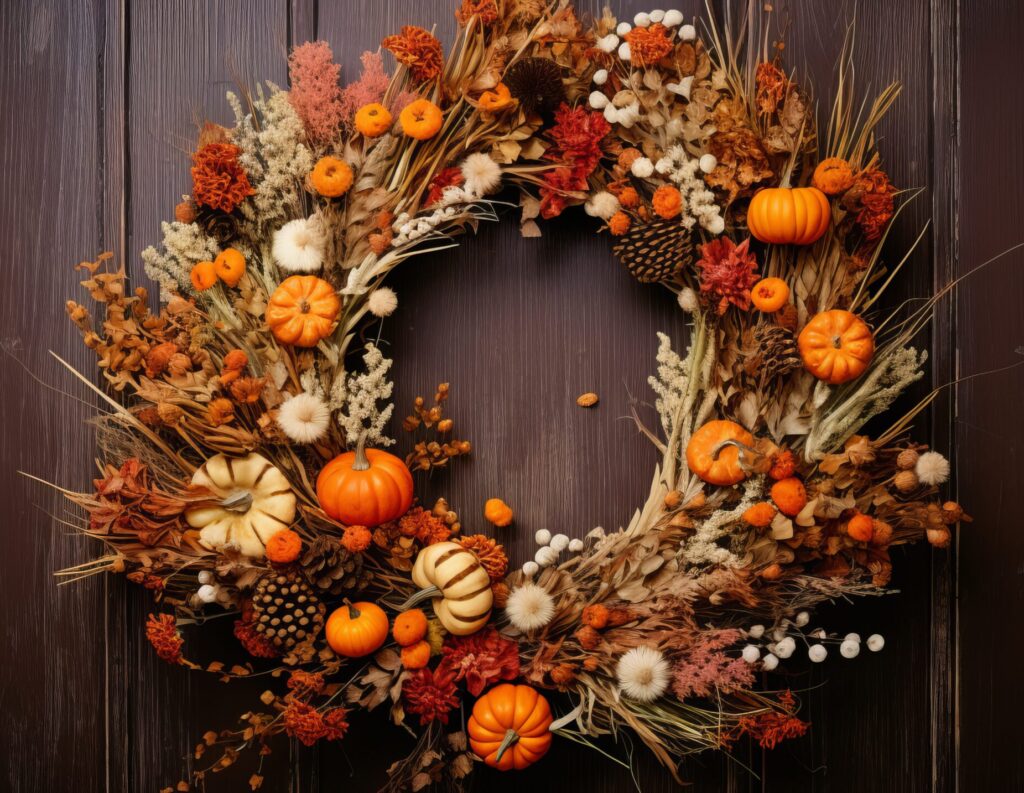 A wreath of pumpkins and flowers on the front door.