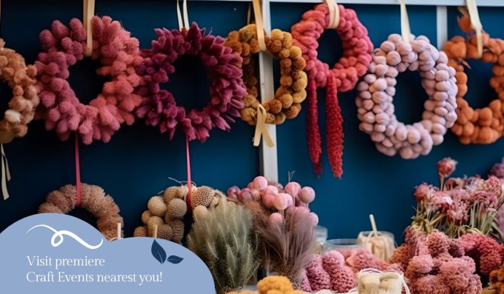 A table with many different colored wreaths hanging on it.