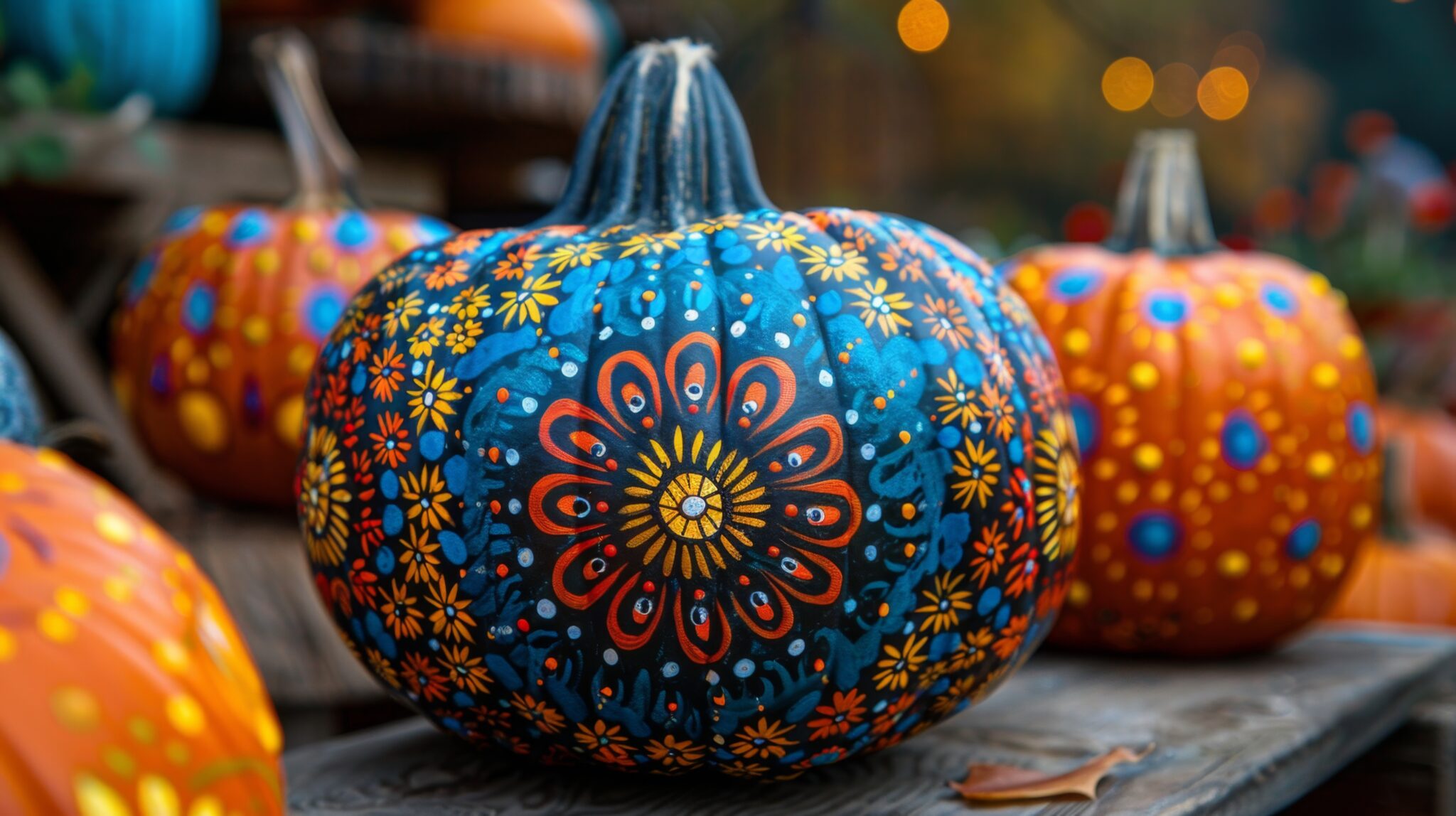 A pumpkin with a design on it sitting outside.