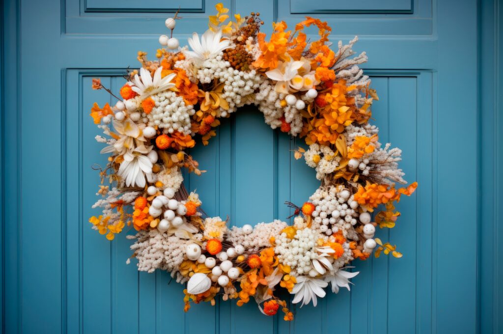 A wreath of flowers is hanging on the door.