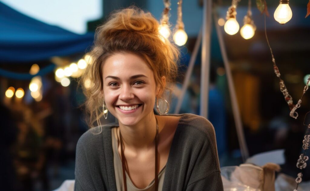 A woman smiling at the camera while sitting in front of lights.