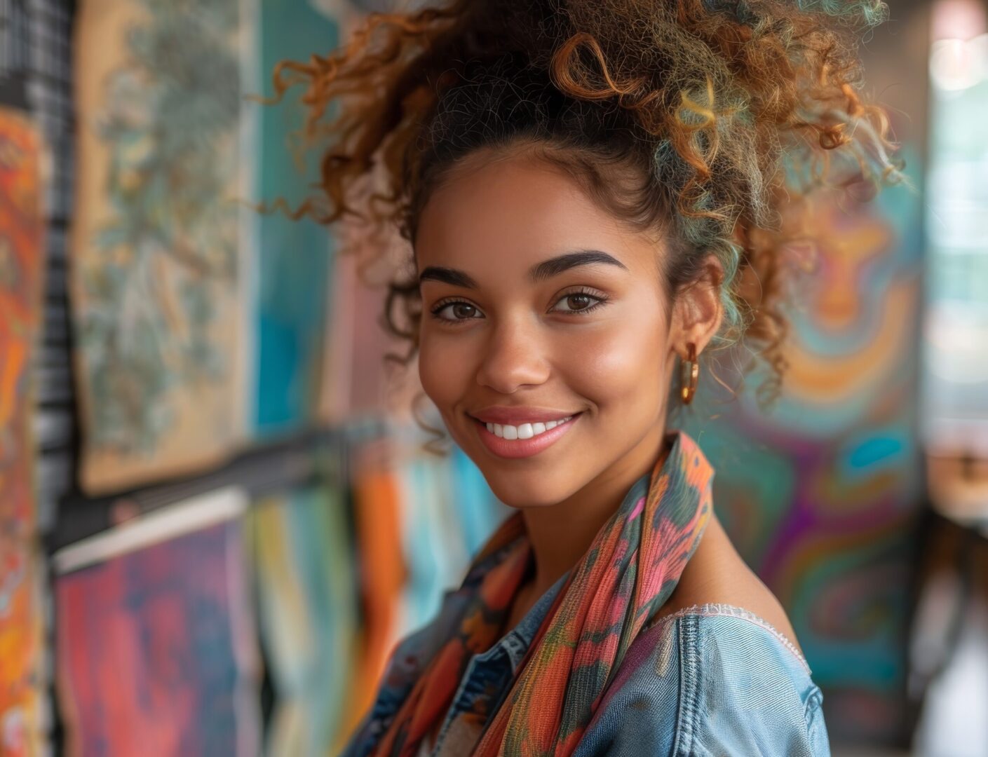 A woman with curly hair and a scarf around her neck.