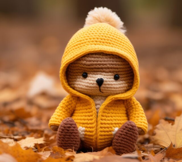 A teddy bear in a yellow jacket sitting on leaves.