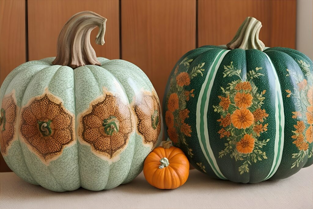 Two pumpkins with a small pumpkin on the other side.