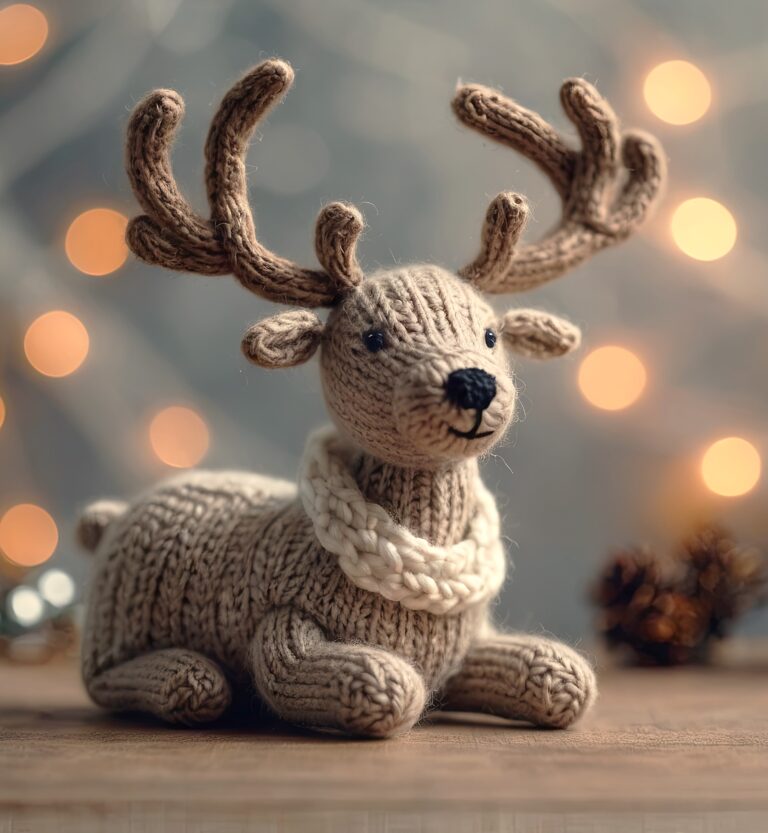 A knitted deer with a white collar and sweater around it's neck.