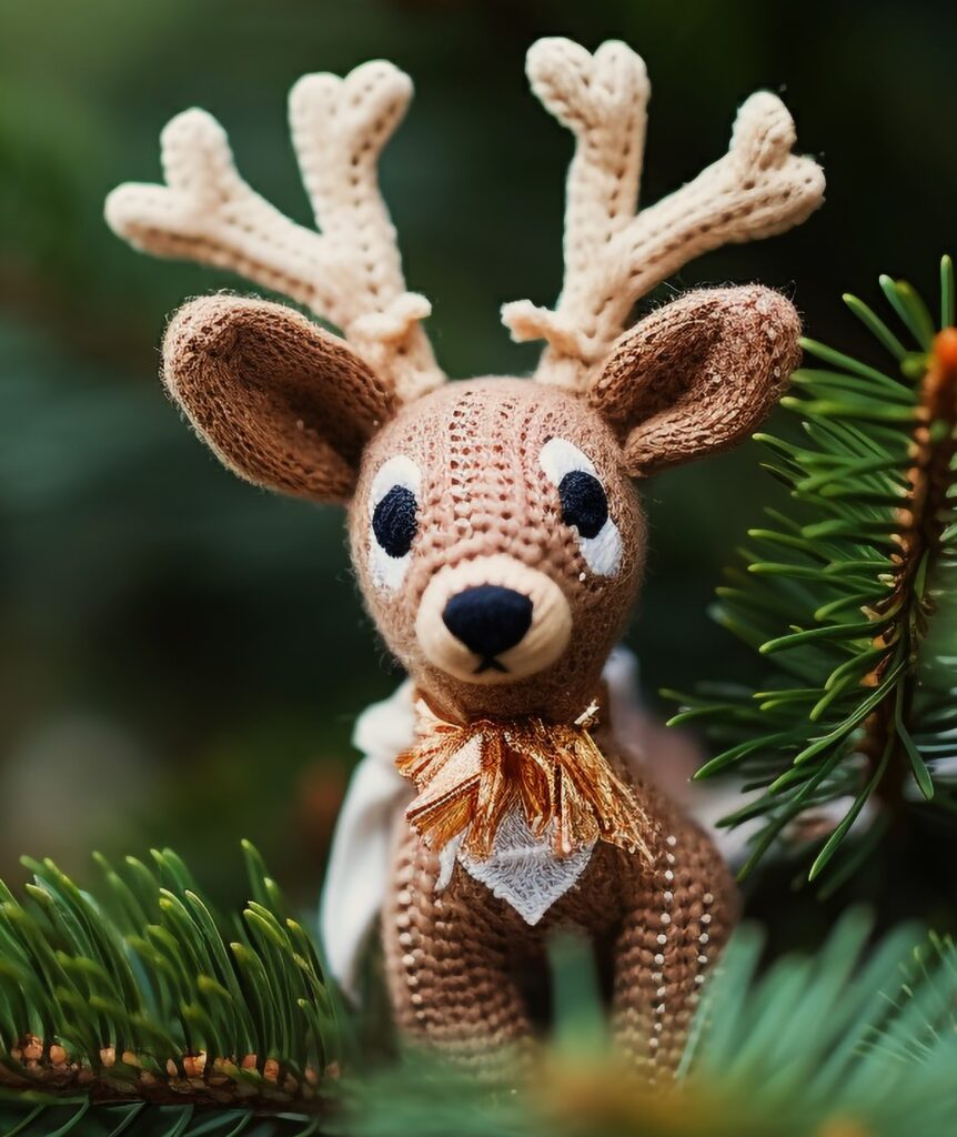 A crocheted deer is sitting on the tree.