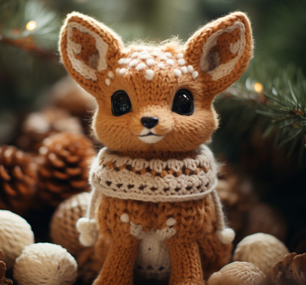 A knitted deer sitting in the middle of some pine needles