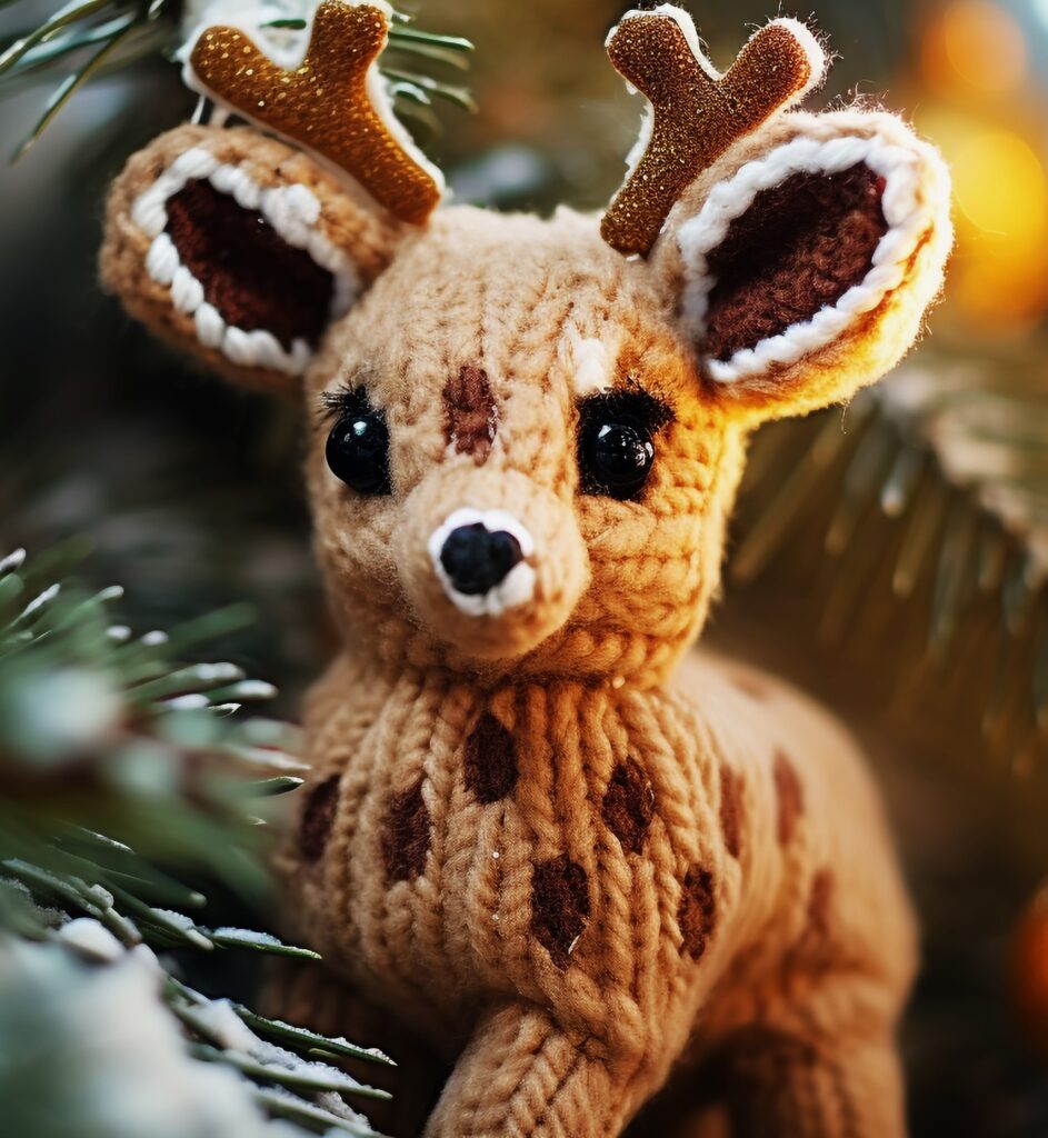 A knitted deer sitting on top of a tree.