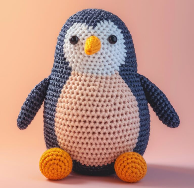 A crocheted penguin is sitting on the floor.