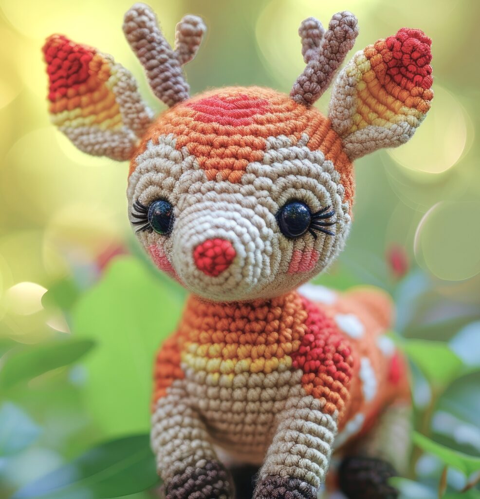 A crocheted deer is sitting in the grass.