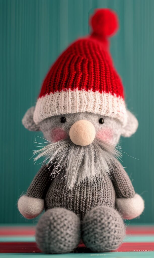 A knitted gnome with a red hat and beard.