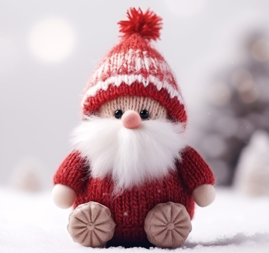 A red and white santa clause figurine in the snow.