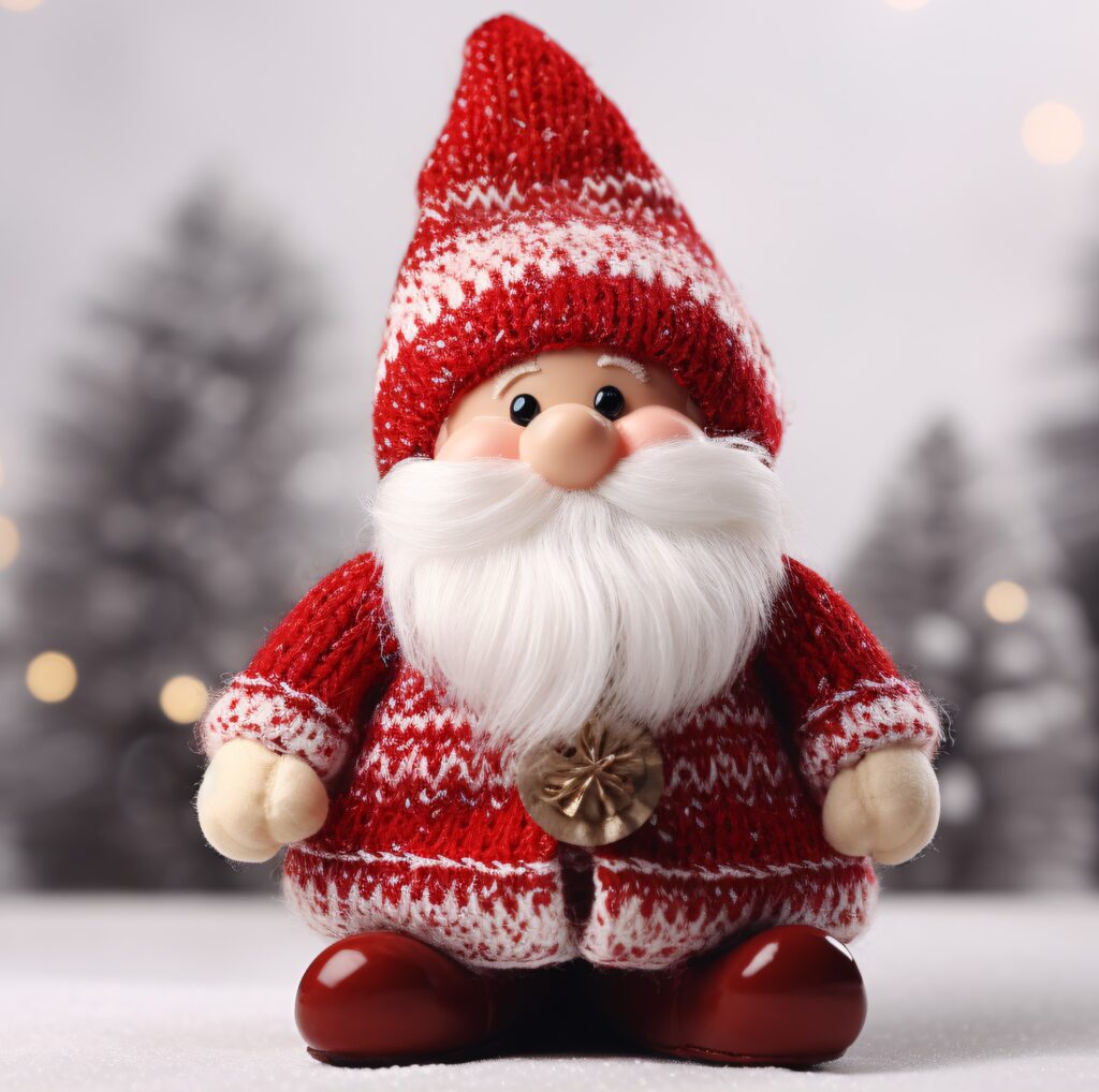 A red and white gnome sitting on top of a table.