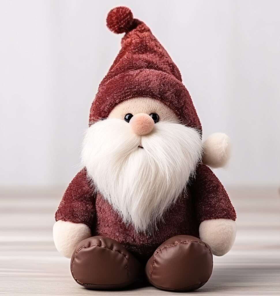 A stuffed gnome sitting on top of a wooden floor.