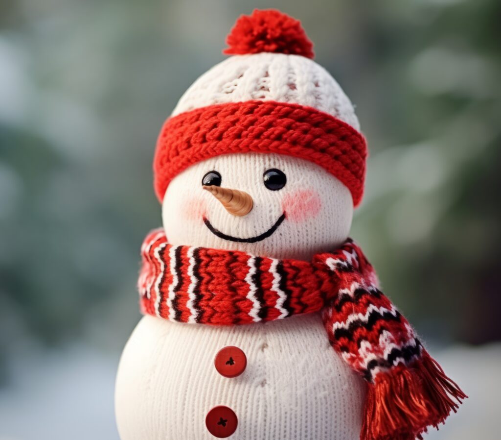 A snowman with a red hat and scarf on.