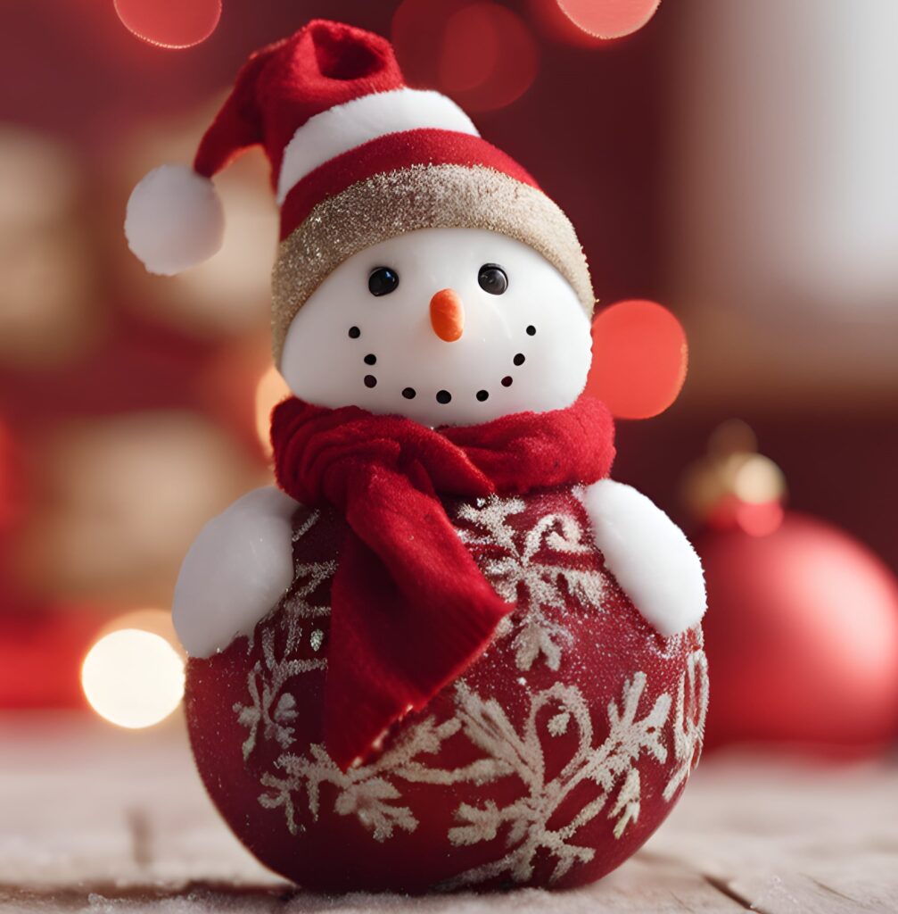 A snowman is sitting on the ground with lights in the background.