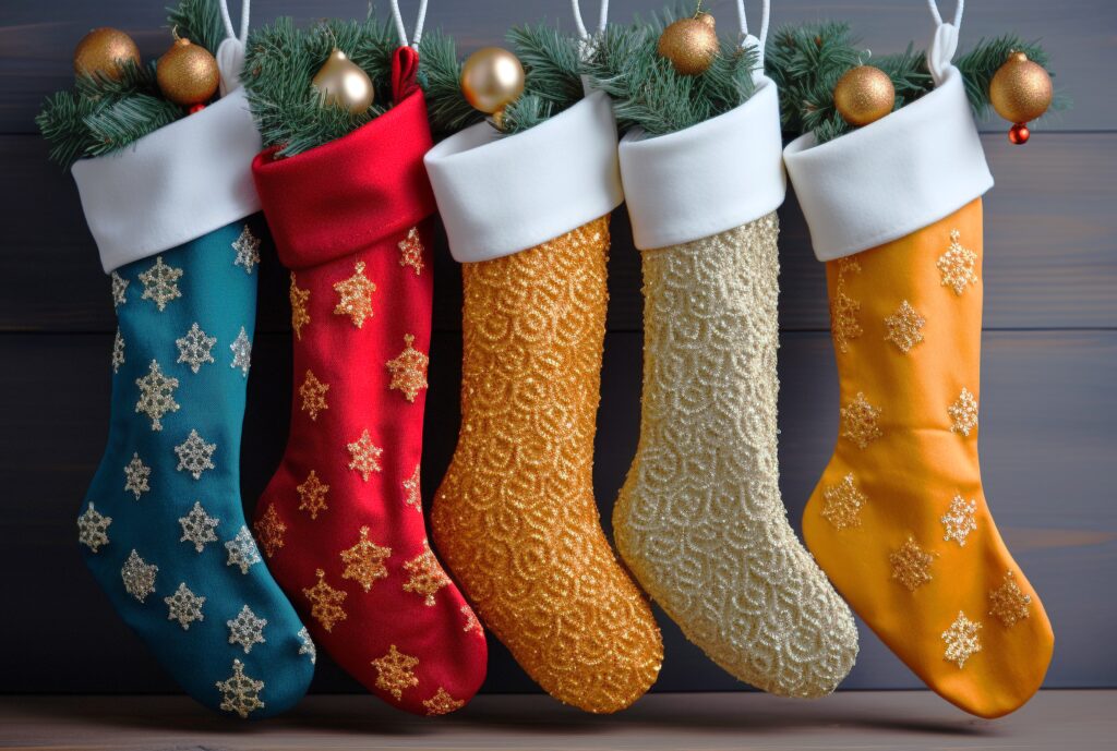 A group of christmas stockings hanging from the ceiling.