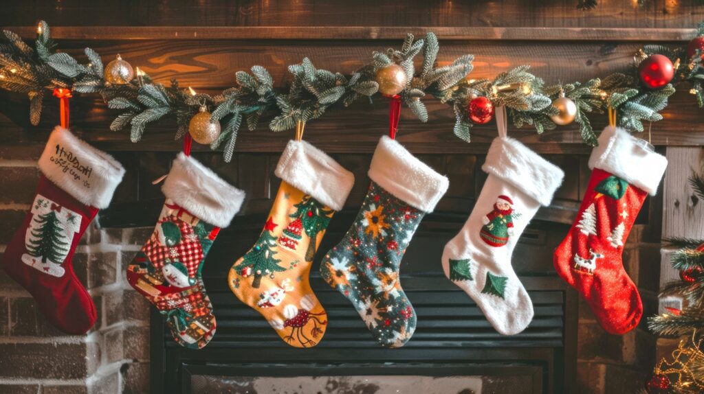 A group of christmas stockings hanging on the wall.