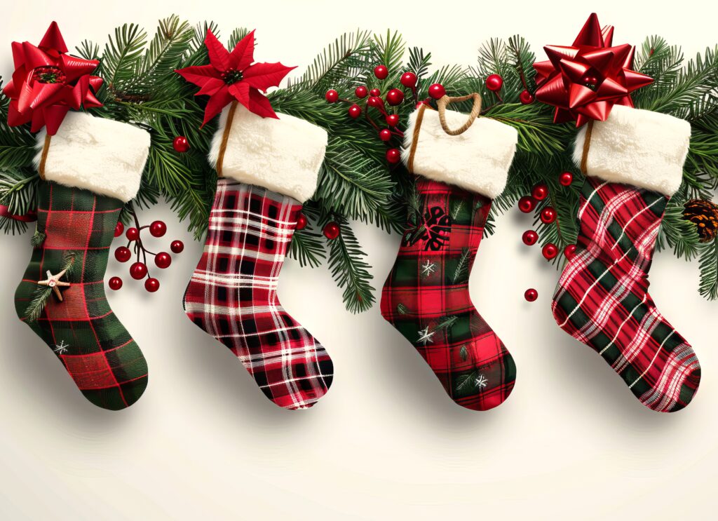 A group of christmas stockings hanging from a branch.