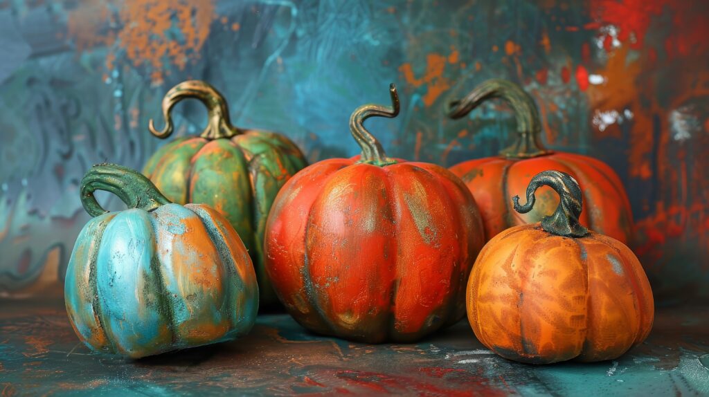 A painting of pumpkins on the ground