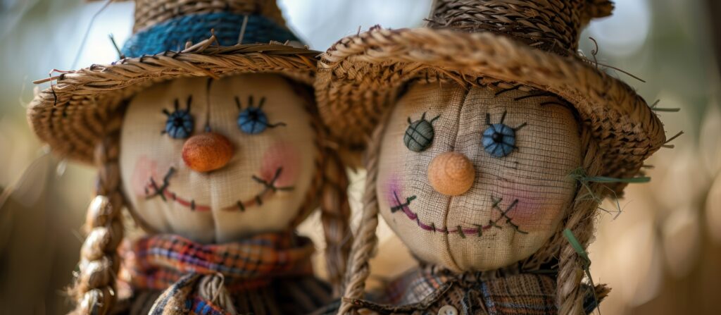 Two scarecrows are sitting next to each other.