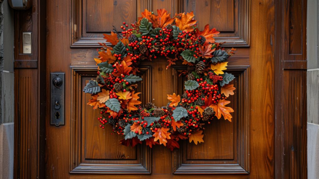 A wreath of leaves and berries on the front door.