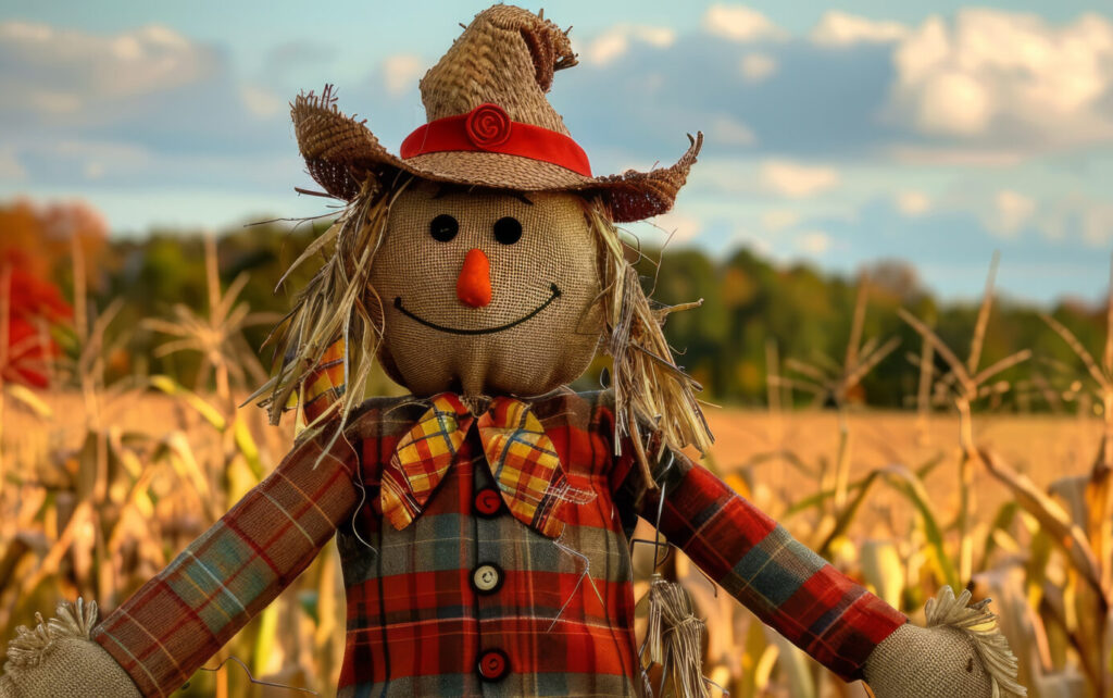 A scarecrow in the middle of a field.