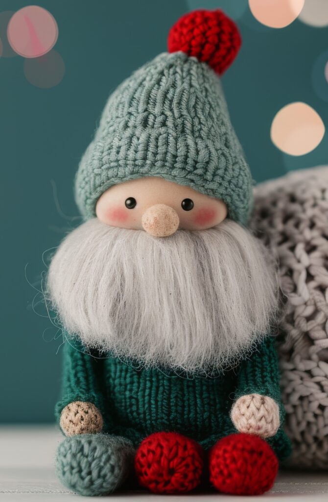 A close up of a gnome with knitted hat