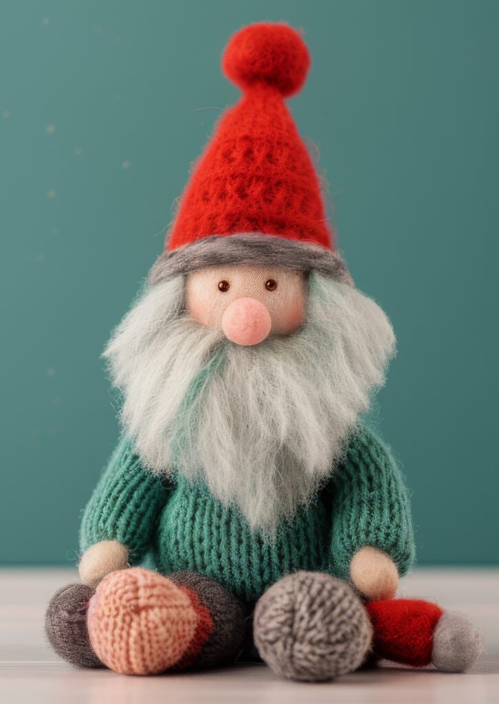 A gnome doll with a red hat and green sweater.