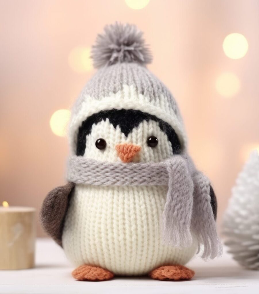 A penguin with a hat and scarf on it's head.