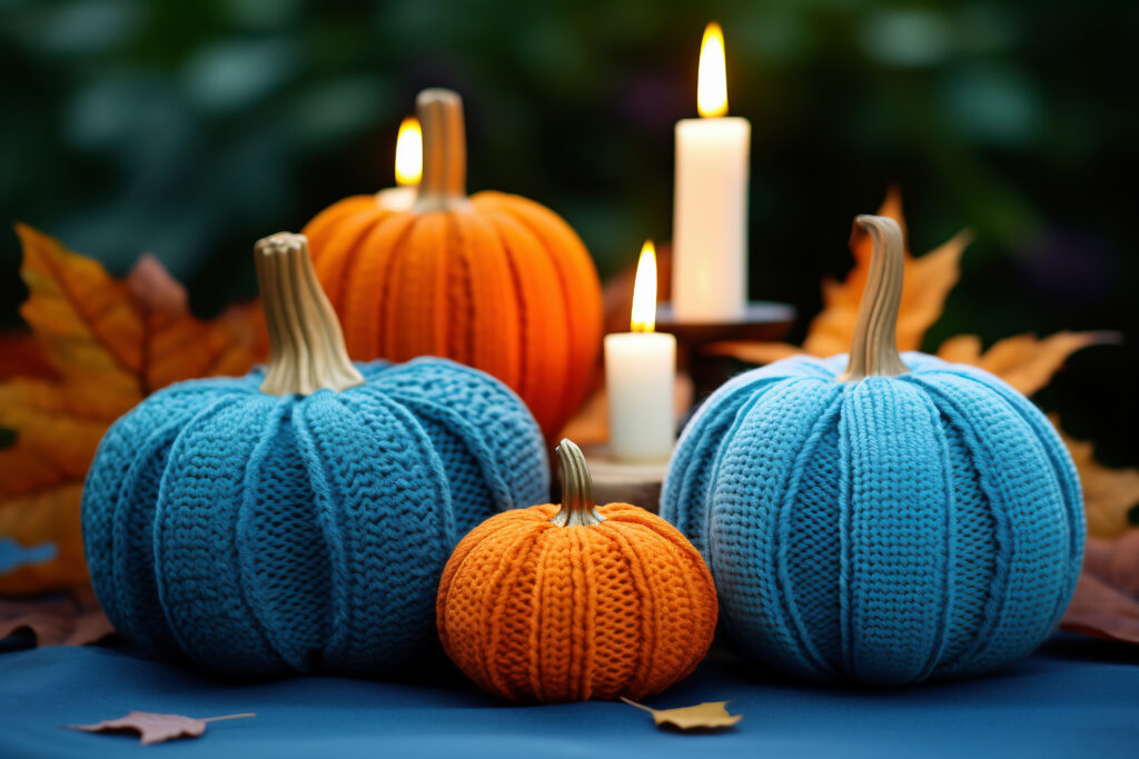 A table with pumpkins and candles on it