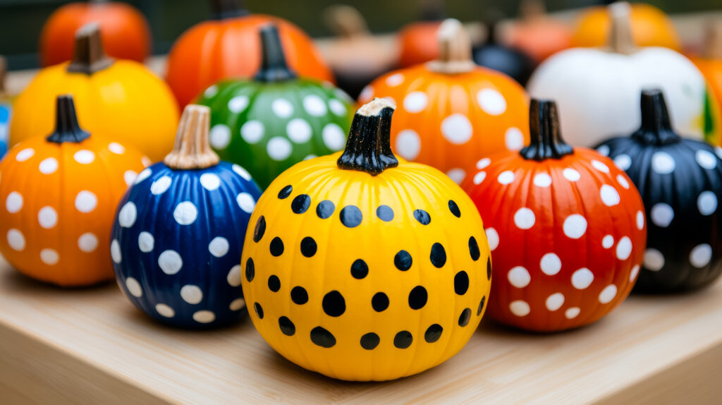 A group of polka dot pumpkins sitting on top of a table.