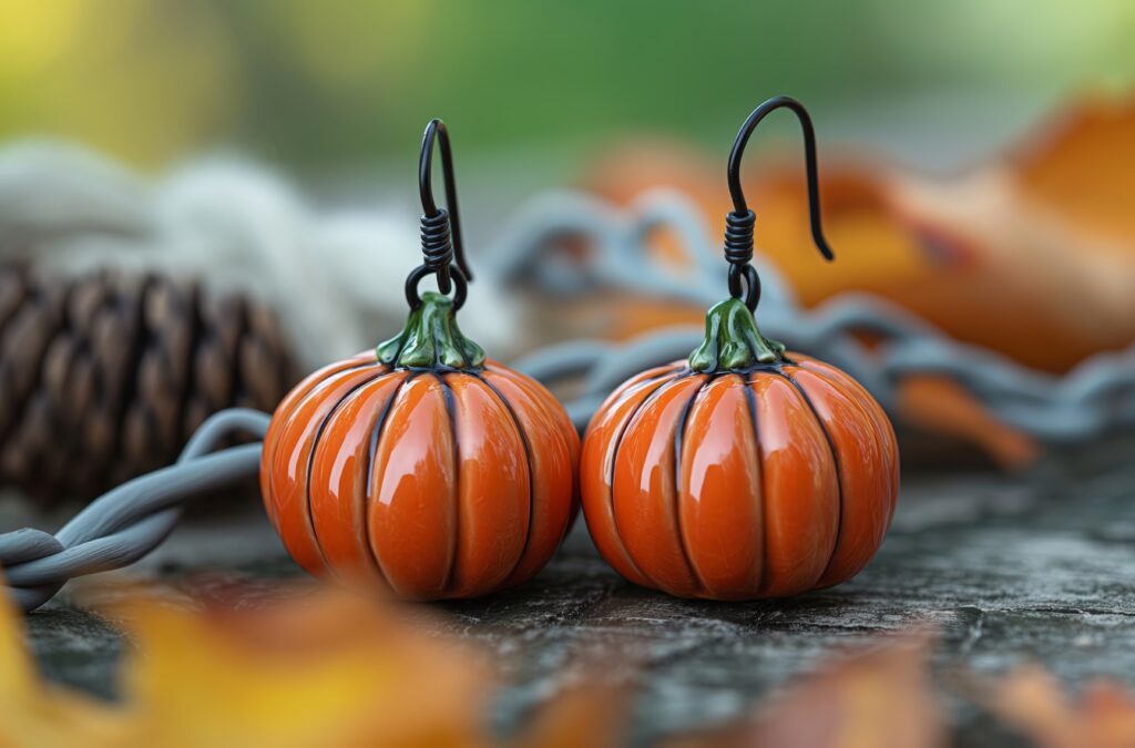 A pair of orange pumpkin earrings sitting on top of a table.