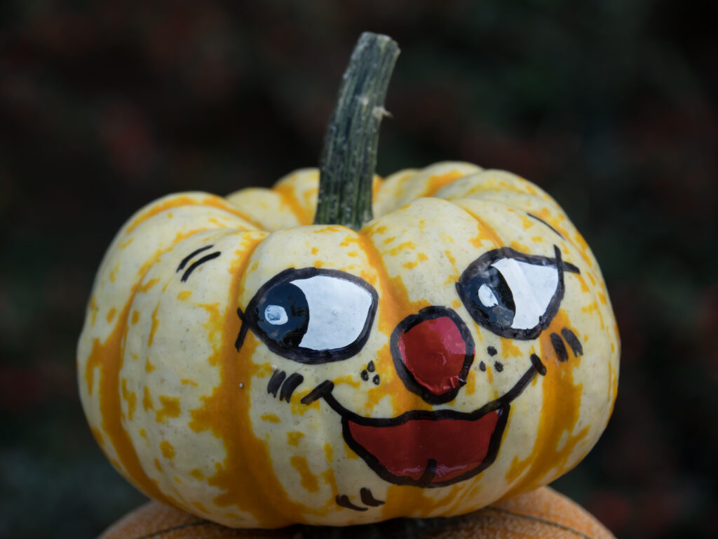 A pumpkin with a face drawn on it