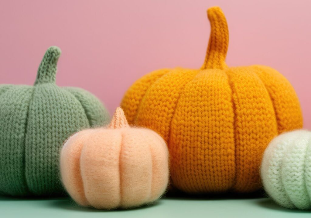 A group of knitted pumpkins sitting on top of a table.