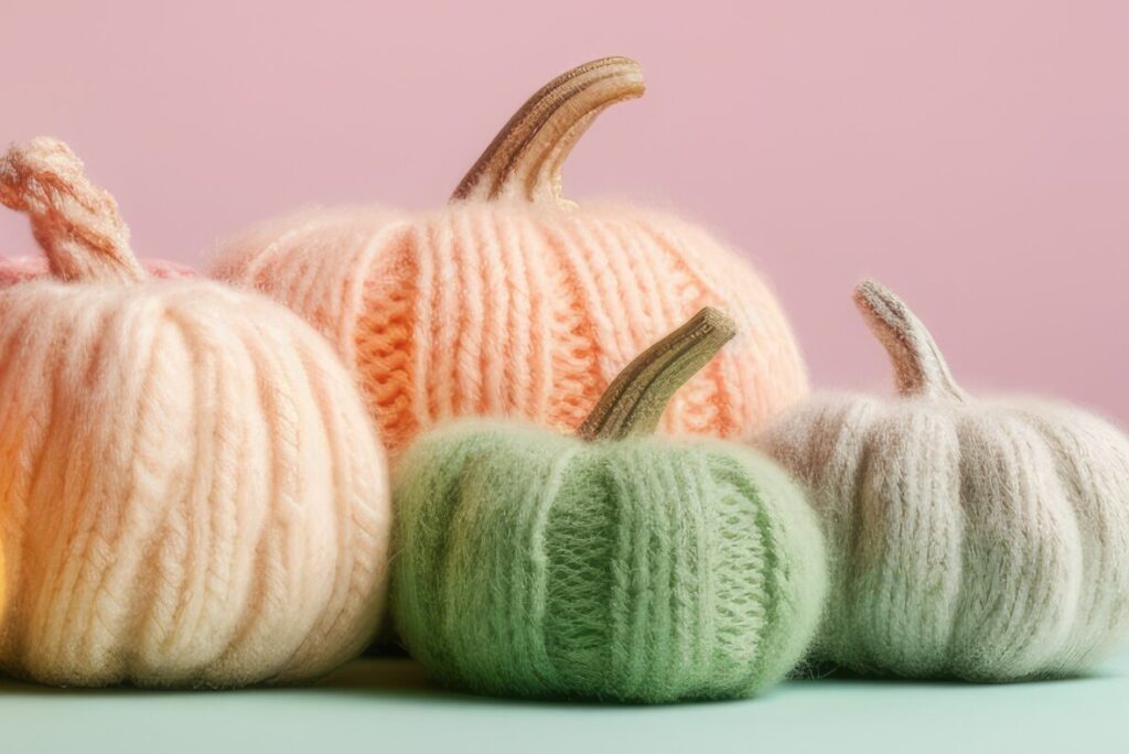 A group of pumpkins made out of yarn.