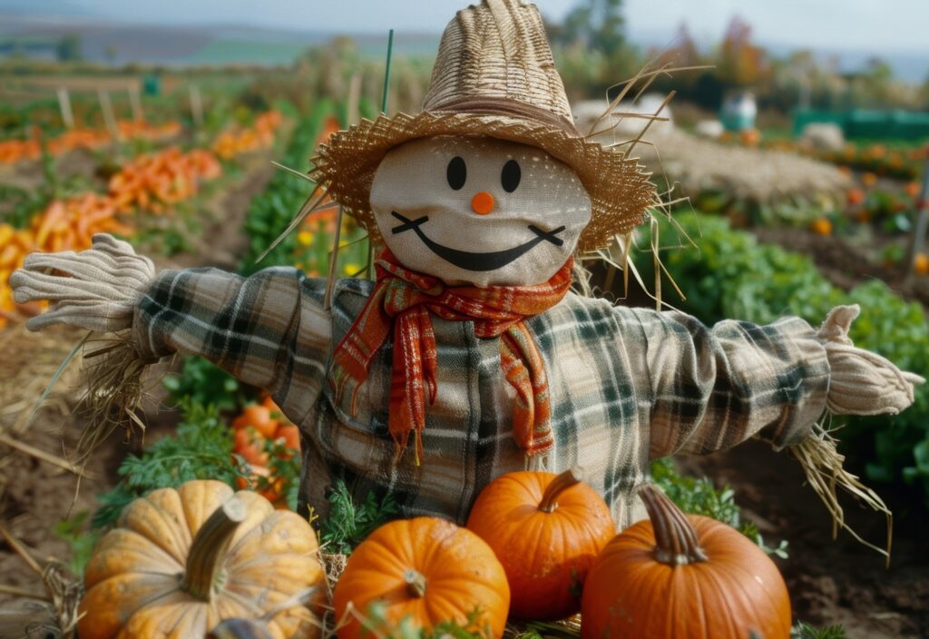 A scarecrow sitting in the middle of pumpkins.