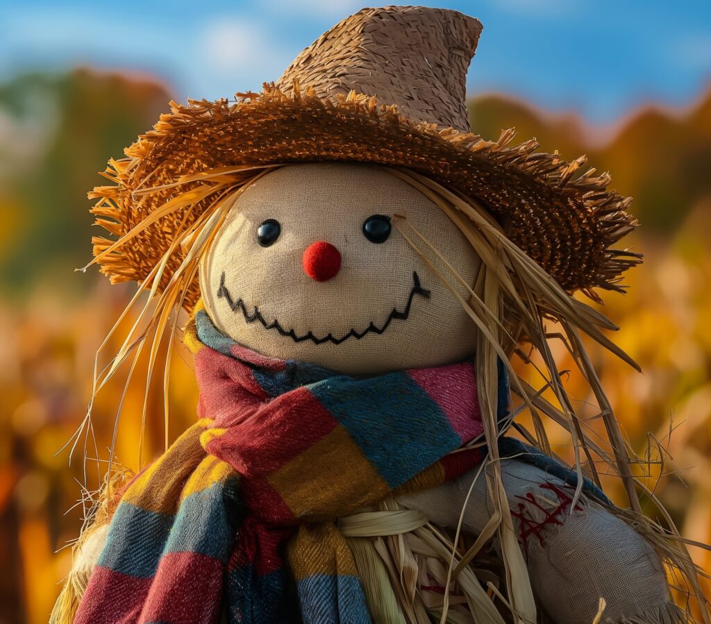 A scarecrow with a hat and scarf on it.