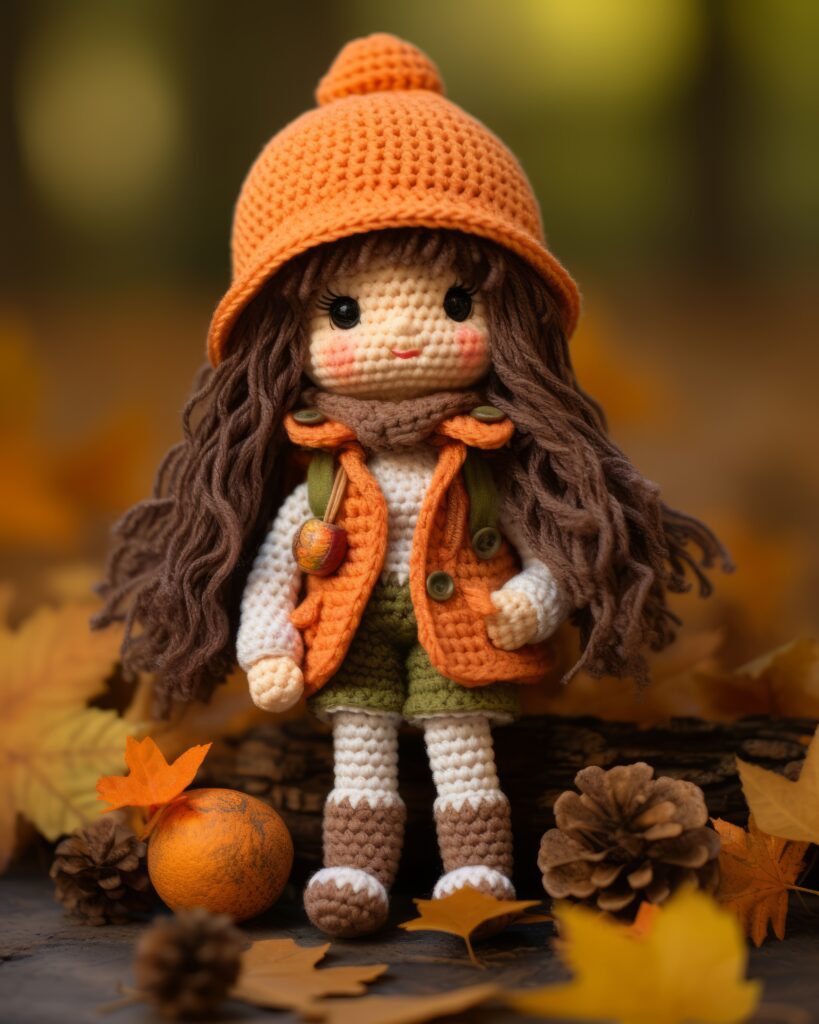 A crocheted doll in an orange hat and jacket.