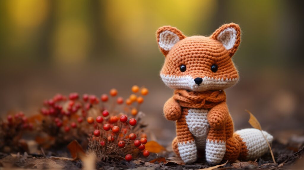 A crocheted fox sitting on the ground next to berries.