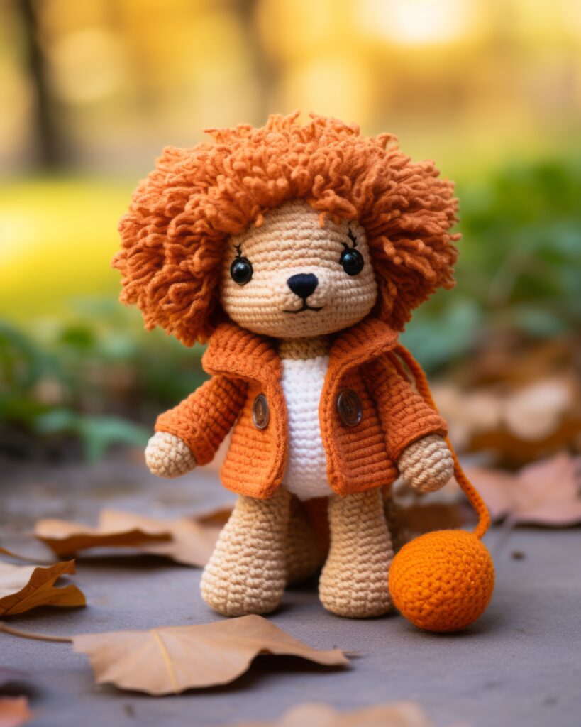 A crocheted lion with orange hair and jacket.