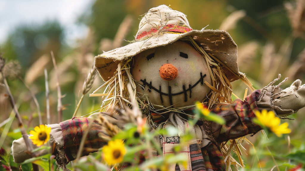 A scarecrow with a hat and scarf on.