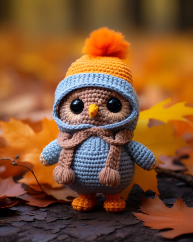 A crocheted owl is wearing an orange hat and scarf.