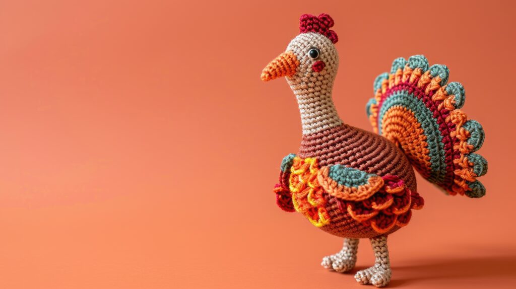 A crocheted turkey is standing on the floor.