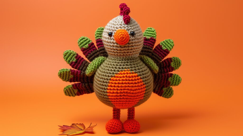 A crocheted turkey is sitting on top of a table.