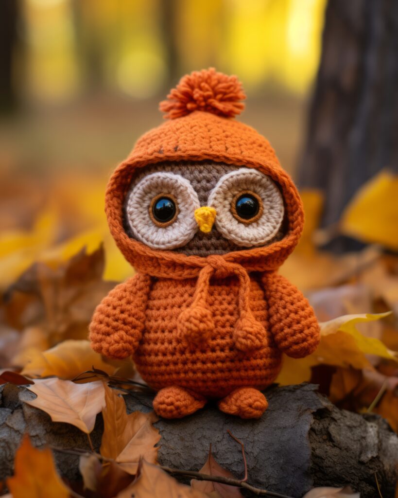 A crocheted owl in an orange outfit on leaves.