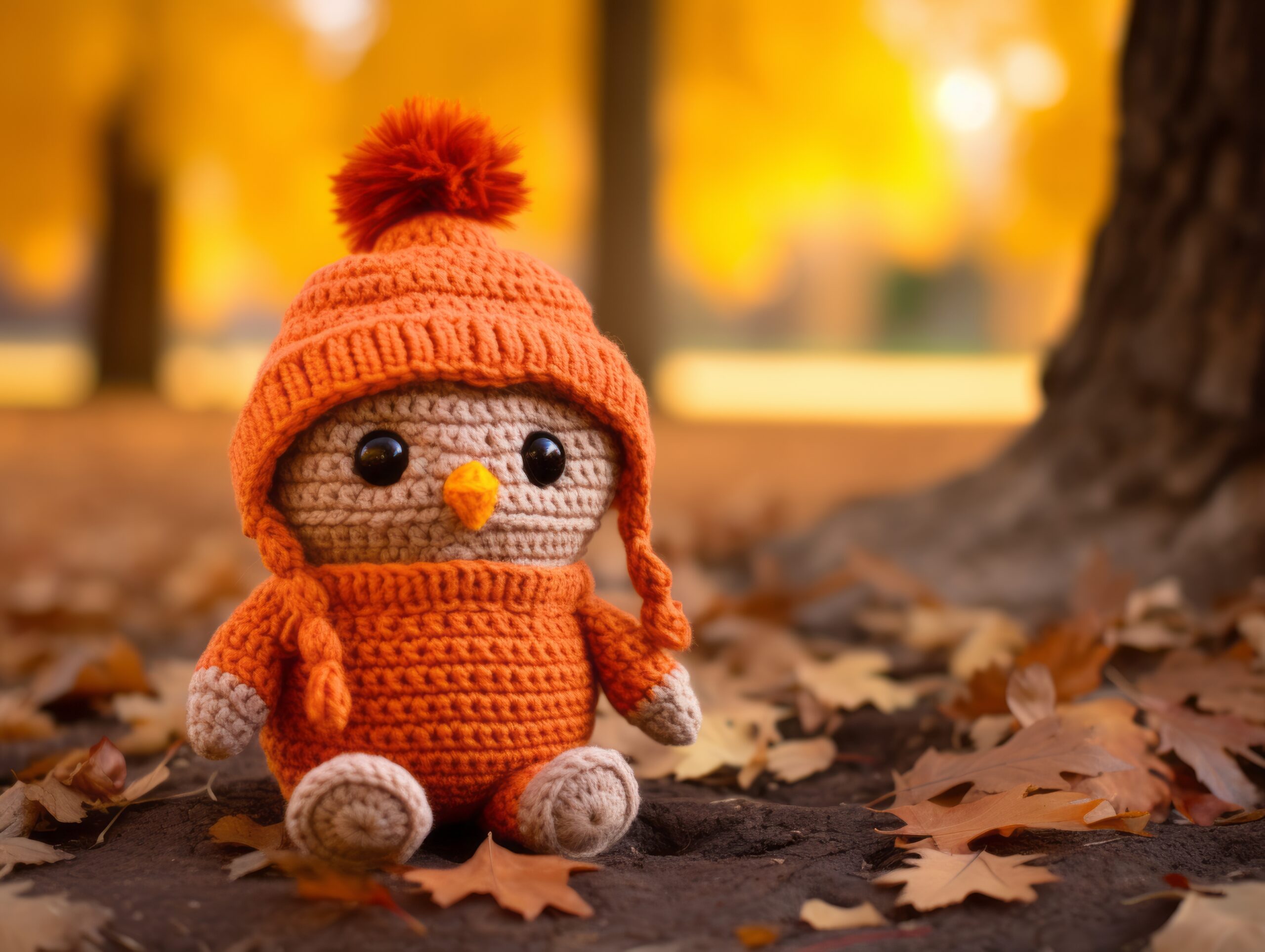 A stuffed penguin in an orange hat and scarf.