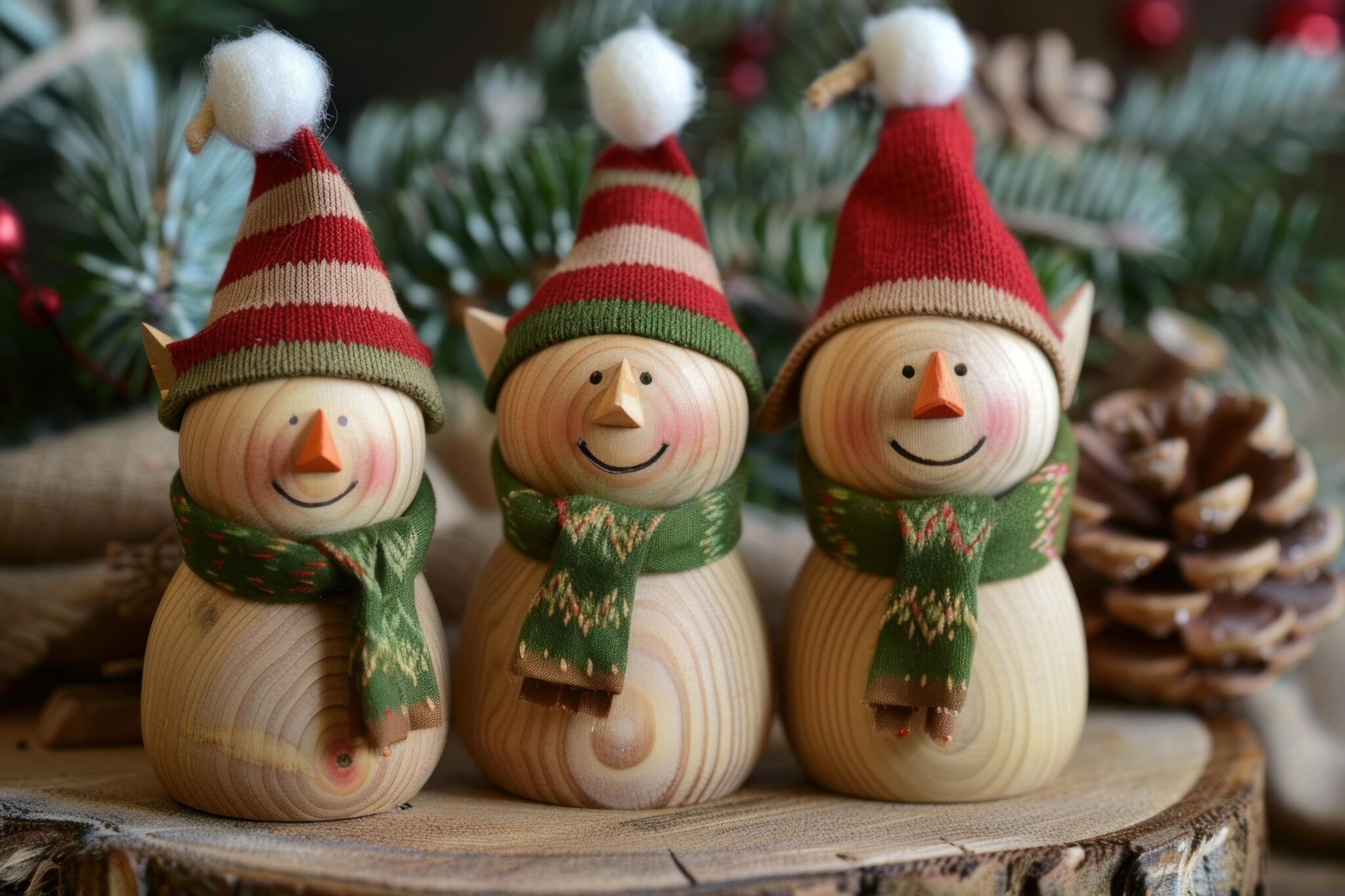 Three wooden snowmen sitting on top of a table.